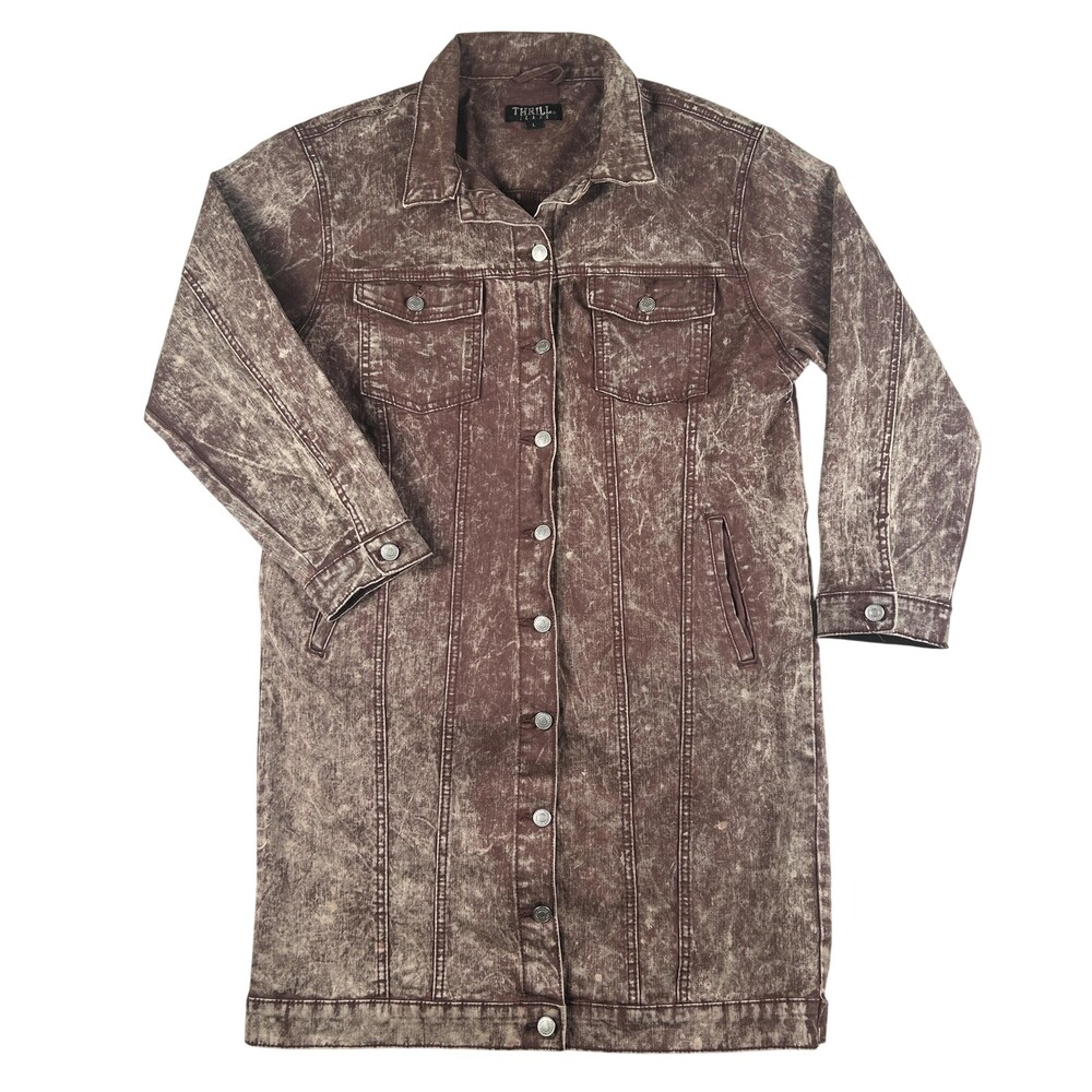 Thrill Jeans Coat Womens Large Brown Denim Button Front Acid Wash Mid Length